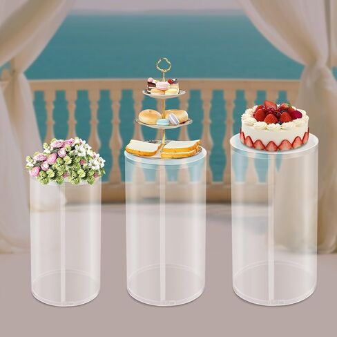قاعدة اسطوانة تقف 3 قطع، اسطوانة زفاف مستديرة للحفلات، ركائز تزيين الكيك، أعمدة قاعدة عرض مستديرة لديكور فني لحفلات الزفاف وأعياد الميلاد (أبيض) in Kuwait