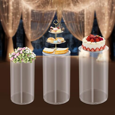 قاعدة اسطوانة تقف 3 قطع، اسطوانة زفاف مستديرة للحفلات، ركائز تزيين الكيك، أعمدة قاعدة عرض مستديرة لديكور فني لحفلات الزفاف وأعياد الميلاد (أبيض) in Kuwait