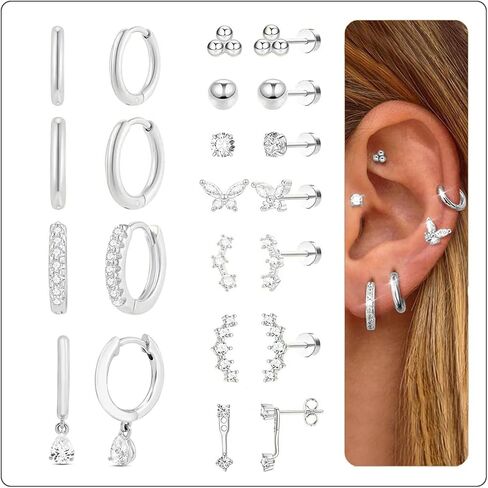 DEWEN Flat Back Earrings for Women, 14K Gold Plated Surgical Stainless Steel Stackable Earrings & Cartilage Hoop Earrings Set, Small Earring Studs &Titanium Flat Back Earrings Hypoallergenic, Fashion Helix Tragus Piercing Jewelry Gift for Christmas in Saudi Arabia