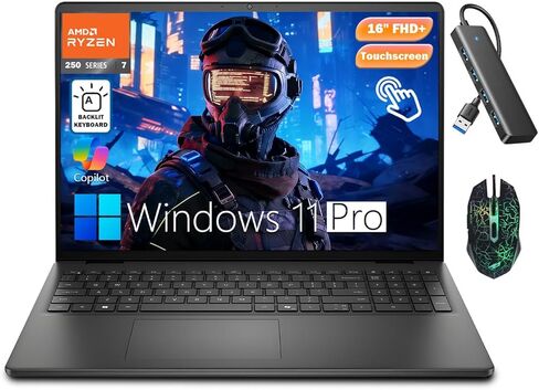 كمبيوتر محمول للأعمال بشاشة لمس 16 بوصة من DELL، 8 نوى AMD Ryzen 7 250 64 جيجابايت DDR5 RAM 4 تيرابايت SSD (Beat Core 7 150U، حتى 5.1 جيجا هرتز) لوحة مفاتيح بإضاءة خلفية، Wi-Fi6، AI Copilot، Windows 11 Pro، أسود كربوني in Kuwait