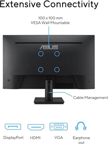 شاشة ASUS مقاس 27 بوصة بدقة 1440 بكسل (VA27AQ) - IPS، QHD (2560 x 1440)، 99% sRGB، بدون إطار، HDMI، DisplayPort، VGA، 1 مللي ثانية، مكبرات صوت، إضاءة زرقاء منخفضة، خالية من الوميض، قابلة للتركيب على الحائط وفقًا لمعايير VESA، ضمان لمدة 3 سنوات in Saudi Arabia