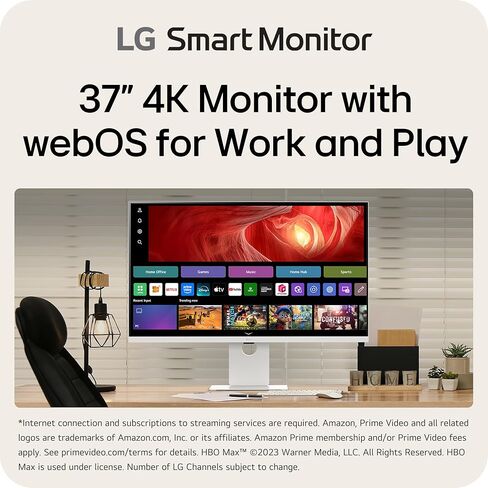 LG 37U730SA-W شاشة كمبيوتر 37 بوصة ذكية 4K UHD (3840 x 2160) IPS، 60 هرتز، HDR10، webOS، مكبر صوت مدمج، Airplay 2، مشاركة الشاشة، HDMI، USB Type-C PW 65W، حامل قابل للإمالة/الارتفاع/الدوران، أبيض in Kuwait