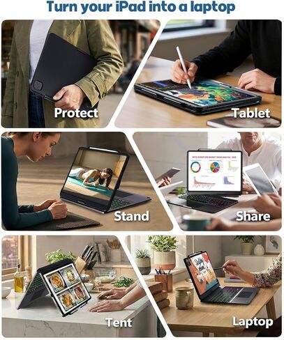 NOKBABO حافظة لوحة المفاتيح لجهاز iPad Pro 13 بوصة (M5/M4، 2025/2024)، iPad Air 13 بوصة (M3/M2) وiPad Pro 12.9 6th/5th/4th/3rd، قابل للدوران 360 درجة، إضاءة خلفية قوس قزح، حامل أقلام - أسود in Kuwait