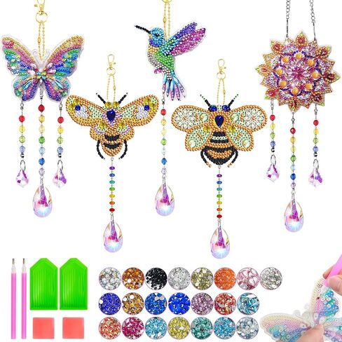 5Pcs Diamond art Kits for Kids/Adults, Crafts for Kids Ages 8-12, DIY Diamond Painting art Wind Chimes Crystal Window Suncatcher Craft, Birthday Gifts for 7 8 9 10 11 Year Old Girls, Home Garden Decor in Saudi Arabia