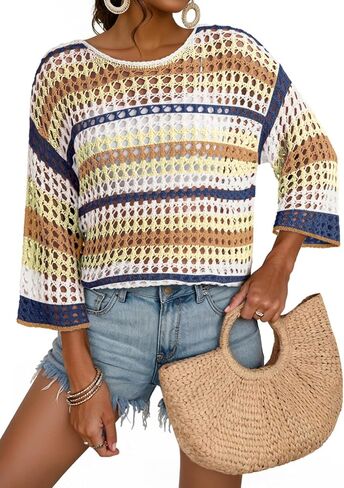 Dokotoo Womens Spring Summer 3/4 Sleeve Crochet Sweater Hollow Out Color Block Striped Tops Casual Beach Vacation Cover Ups in Saudi Arabia