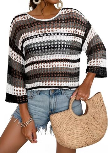 Dokotoo Womens Spring Summer 3/4 Sleeve Crochet Sweater Hollow Out Color Block Striped Tops Casual Beach Vacation Cover Ups in Saudi Arabia