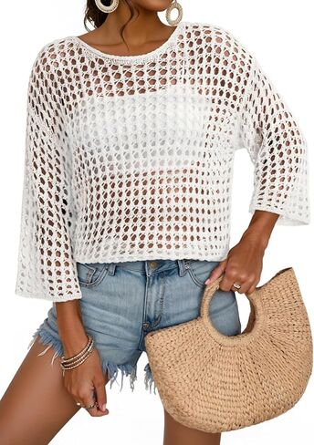 Dokotoo Womens Spring Summer 3/4 Sleeve Crochet Sweater Hollow Out Color Block Striped Tops Casual Beach Vacation Cover Ups in Saudi Arabia