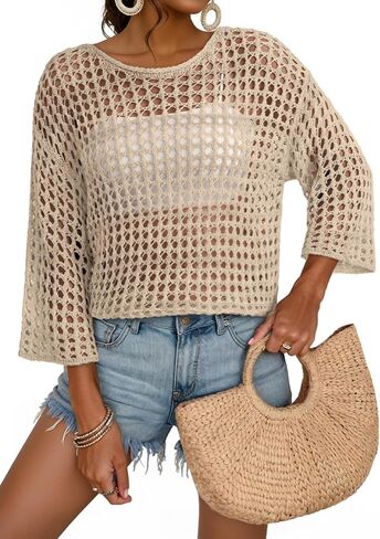 Dokotoo Womens Spring Summer 3/4 Sleeve Crochet Sweater Hollow Out Color Block Striped Tops Casual Beach Vacation Cover Ups in Saudi Arabia