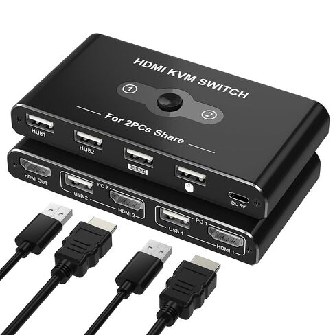 مفتاح KVM لشاشة واحدة و2 جهاز كمبيوتر، محول HDMI KVM 4K@60 هرتز، محول HDMI USB Hub للكمبيوتر/Mac Pro/الكمبيوتر المحمول، التوصيل والتشغيل، مشاركة طابعة لوحة المفاتيح والماوس، مع كابلين USB وكابلين HDMI in Kuwait