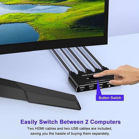 مفتاح KVM لشاشة واحدة و2 جهاز كمبيوتر، محول HDMI KVM 4K@60 هرتز، محول HDMI USB Hub للكمبيوتر/Mac Pro/الكمبيوتر المحمول، التوصيل والتشغيل، مشاركة طابعة لوحة المفاتيح والماوس، مع كابلين USB وكابلين HDMI in Kuwait