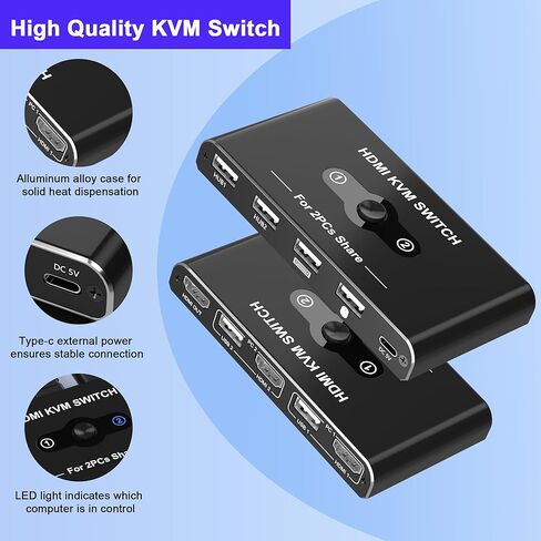 مفتاح KVM لشاشة واحدة و2 جهاز كمبيوتر، محول HDMI KVM 4K@60 هرتز، محول HDMI USB Hub للكمبيوتر/Mac Pro/الكمبيوتر المحمول، التوصيل والتشغيل، مشاركة طابعة لوحة المفاتيح والماوس، مع كابلين USB وكابلين HDMI in Kuwait
