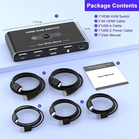 مفتاح KVM لشاشة واحدة و2 جهاز كمبيوتر، محول HDMI KVM 4K@60 هرتز، محول HDMI USB Hub للكمبيوتر/Mac Pro/الكمبيوتر المحمول، التوصيل والتشغيل، مشاركة طابعة لوحة المفاتيح والماوس، مع كابلين USB وكابلين HDMI in Kuwait