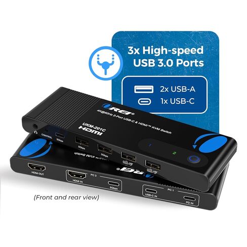 OREI 2x1 4K HDMI & USB-C KVM Switch، 4X Port USB-A، 1x USB-C مشاركة أجهزة متعددة، أجهزة الكمبيوتر المحمولة، الكمبيوتر الشخصي، على شاشة عرض واحدة، التحكم في لوحة المفاتيح، التحكم المحيطي، مخرج صوت تناظري - جهاز تحكم عن بعد سلكي in Kuwait