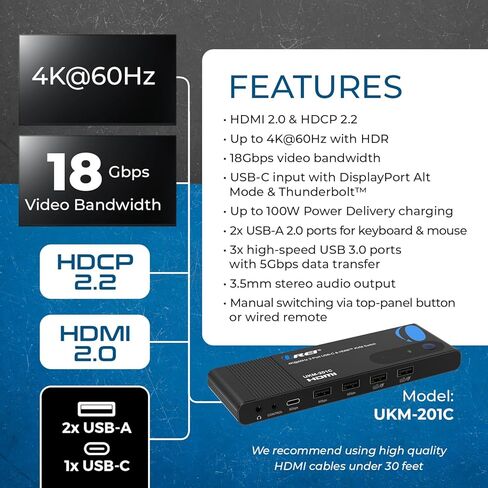 OREI 2x1 4K HDMI & USB-C KVM Switch، 4X Port USB-A، 1x USB-C مشاركة أجهزة متعددة، أجهزة الكمبيوتر المحمولة، الكمبيوتر الشخصي، على شاشة عرض واحدة، التحكم في لوحة المفاتيح، التحكم المحيطي، مخرج صوت تناظري - جهاز تحكم عن بعد سلكي in Kuwait