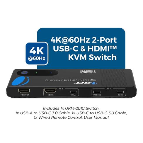OREI 2x1 4K HDMI & USB-C KVM Switch، 4X Port USB-A، 1x USB-C مشاركة أجهزة متعددة، أجهزة الكمبيوتر المحمولة، الكمبيوتر الشخصي، على شاشة عرض واحدة، التحكم في لوحة المفاتيح، التحكم المحيطي، مخرج صوت تناظري - جهاز تحكم عن بعد سلكي in Kuwait