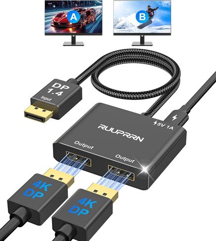 محول فاصل DisplayPort إلى Dual DisplayPort، شاشة ممتدة لمنفذ العرض 4K@60 هرتز للشاشات المزدوجة، DP 1.4 Splitter 1 in 2 Out، MST Hub للكمبيوتر الشخصي، بطاقة الرسومات، NVIDIA، AMD in Kuwait