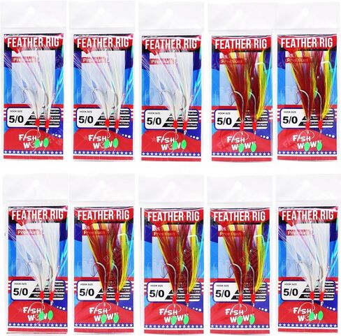 10pks Mix Colors Fish WOW!® Fishing Feather Rig with 5/0 Two High-Carbon Steel Hooks Rock cod Lures Rockfish Rigged Jigging Rig in Saudi Arabia