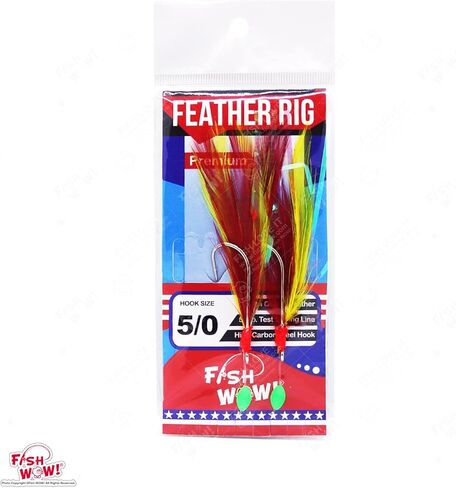 10pks Mix Colors Fish WOW!® Fishing Feather Rig with 5/0 Two High-Carbon Steel Hooks Rock cod Lures Rockfish Rigged Jigging Rig in Saudi Arabia