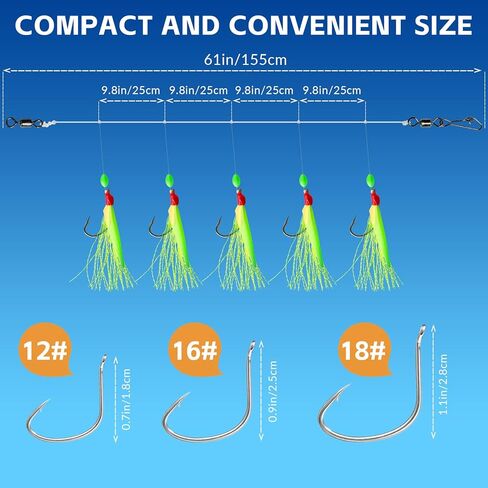 10pcs Mackerel Feathers Rigs, Pre-Tied Saltwater Sea Fishing Rigs with 50 Hooks, Luminous Beads and Bionic Flying Insects for Mackerel,Pollock,Cod,Herring,Basss in Saudi Arabia