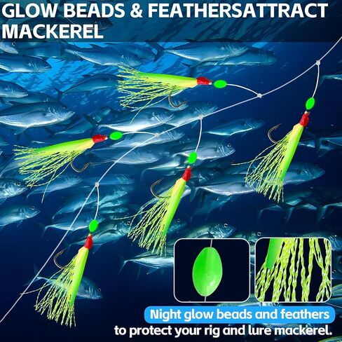 10pcs Mackerel Feathers Rigs, Pre-Tied Saltwater Sea Fishing Rigs with 50 Hooks, Luminous Beads and Bionic Flying Insects for Mackerel,Pollock,Cod,Herring,Basss in Saudi Arabia