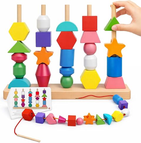 Montessori Wooden Threading Beads Set for Toddlers 3 4 5, Bead Sequencing & Stacking Toy with Pattern Cards, Lacing Beads, Shape Matching Stacker, Fine Motor STEM Learning Gift in Saudi Arabia