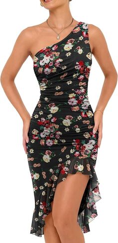 فساتين Caracilia للنساء بكتف واحد Bodycon Ruched شبكي لحفلات الكوكتيل وحفلات الزفاف للضيوف فستان ميدي رسمي مثير لصيف 2026 in Saudi Arabia