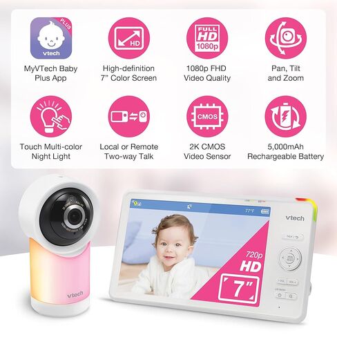 VTech Smart WiFi 7" HD Display Video Baby Monitor, 1080p HD Camera via App, Pan-Tilt-Zoom, Night Light, 2-Way Talk, 2K CMOS Video Sensor, Wide-Angle Viewing, Rechargeable Battery, Free App: RM7866HD in Kuwait