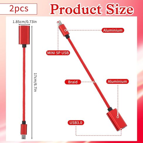 2 قطعة محول كابل USB OTG صغير للكاميرات الرقمية USB A أنثى إلى USB صغير B 5-pin ذكر محول موصل مضفر كابل موصل لنقل البيانات (أسود وأحمر) in Kuwait