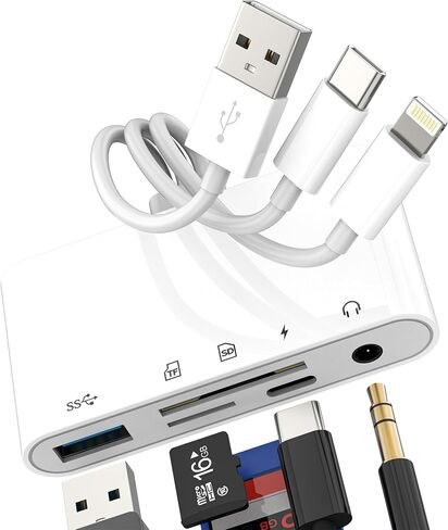 محور قارئ بطاقة SD USB C Lightning USB إلى OTG 3.5 مم Aux Charger TF محول (5 في 1) لهاتف iPhone 17 16 15 14 13 Pro Max Splitter Camera Computer Android ملحقات شحن الصوت المتوافقة مع Samsung in Kuwait