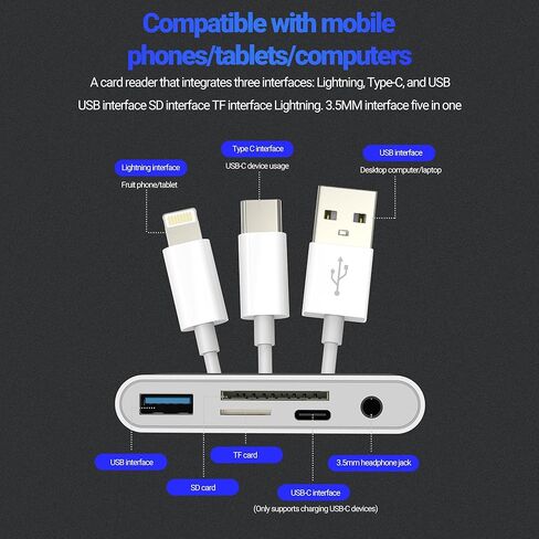 محور قارئ بطاقة SD USB C Lightning USB إلى OTG 3.5 مم Aux Charger TF محول (5 في 1) لهاتف iPhone 17 16 15 14 13 Pro Max Splitter Camera Computer Android ملحقات شحن الصوت المتوافقة مع Samsung in Kuwait