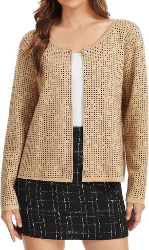 Froggirl Women’s Long Sleeve Round Neck Button Down Cardigan Sweater with Sparkle Rhinestone – Elegant Knit Top in Saudi Arabia