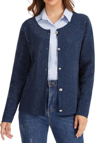 Froggirl Women’s Long Sleeve Round Neck Button Down Cardigan Sweater with Sparkle Rhinestone – Elegant Knit Top in Saudi Arabia