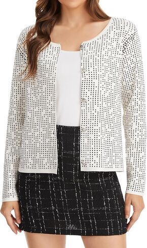 Froggirl Women’s Long Sleeve Round Neck Button Down Cardigan Sweater with Sparkle Rhinestone – Elegant Knit Top in Saudi Arabia
