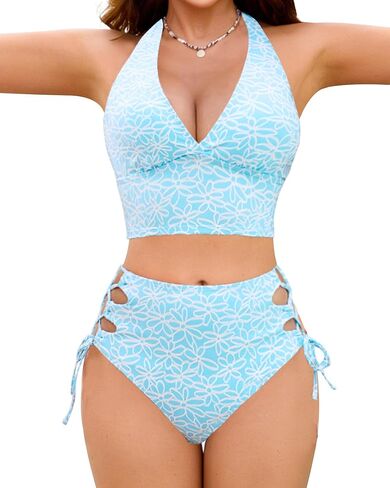 XUNYU High Waisted Bikini Sets for Women 2 Piece Tummy Control Swimsuit Halter Push Up Bathing Suits Lace Up Modest Swim Suit in Saudi Arabia
