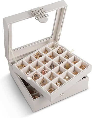 Glenor Co Earring Organizer - Classic 50 Section Jewelry Box/Case/Holder for Earrings, Rings, Necklaces, Jewelry, Cufflinks or Collections -2 Layer Small Compartments with Large Glass Top - Soft Pink in Saudi Arabia