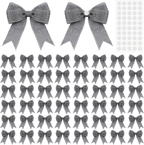 50 Pcs 3.3×3.3" Christmas Bows for Crafts with Glue Points Gift Wrap Bows Mesh Ribbon Gift Boxes Bag Packaging Party Supplies Decoration DIY Crafts Christmas(Silver) in Saudi Arabia