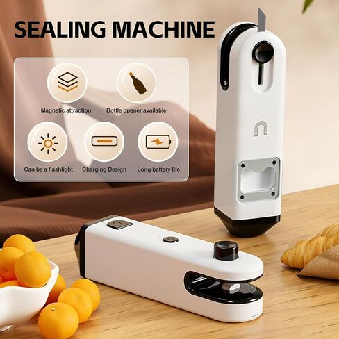 ماكينة إغلاق الحقائب الصغيرة، 4 في 1، ماكينة إعادة إغلاق الحقائب المحمولة المحمولة، سدادة حرارية لأكياس الرقائق القابلة لإعادة الشحن عبر USB مع قاطع، مصباح يدوي، مفتاح، مغناطيسي، سدادة أكياس الوجبات الخفيفة للأكياس البلاستيكية والوجبات الخفيفة وتخزين الطع in Kuwait