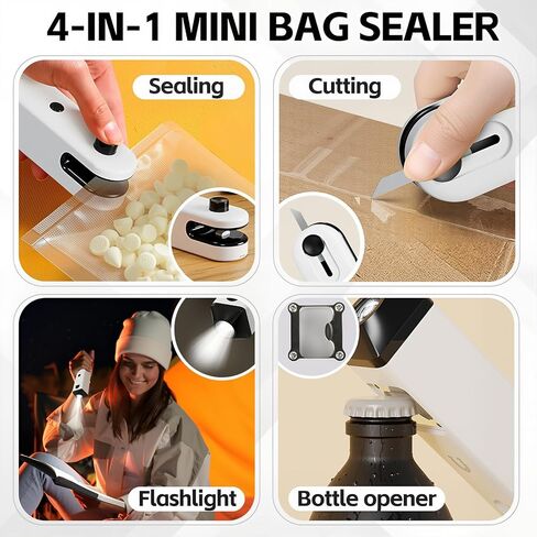 ماكينة إغلاق الحقائب الصغيرة، 4 في 1، ماكينة إعادة إغلاق الحقائب المحمولة المحمولة، سدادة حرارية لأكياس الرقائق القابلة لإعادة الشحن عبر USB مع قاطع، مصباح يدوي، مفتاح، مغناطيسي، سدادة أكياس الوجبات الخفيفة للأكياس البلاستيكية والوجبات الخفيفة وتخزين الطع in Kuwait