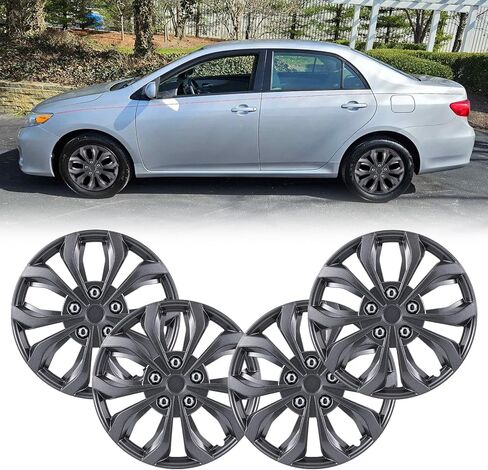 غطاء حافة عجلة Hubcaps مقاس 15 بوصة، أغطية محور R15 عالمية، أغطية عجلات مقاس 15 بوصة مجموعة من 4 قطع سهلة التركيب لشاحنة بيك اب السيارة الرياضية متعددة الاستخدامات، لون فضي وأسود in Kuwait