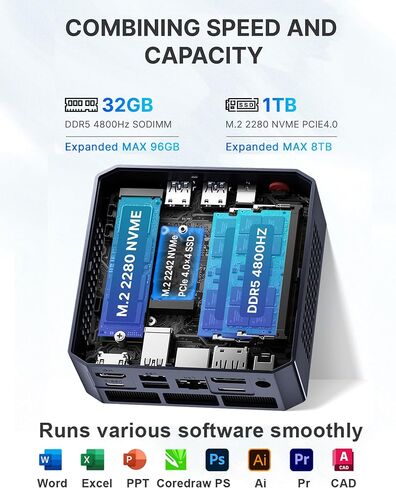 A1 Mini PC Oculink، Ryzen 7 7840HS (Beat 8745HS) كمبيوتر مكتبي للألعاب 11 Pro، Radeon 780M GPU، ذاكرة الوصول العشوائي DDR5 سعة 32 جيجابايت، 1 تيرابايت PCIe 4.0 SSD، 8K USB 4.0، شاشة ثلاثية، WiFi 6E، BT5.2، 2.5 جيجابت LAN in Kuwait