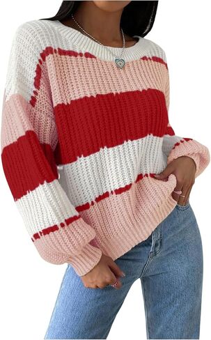 MakeMeChic المرأة سترة مخططة كتلة اللون Crewneck عادية فضفاضة لينة متماسكة عيد الميلاد سترة البلوز القمم in Kuwait