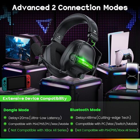 سماعة رأس لاسلكية للألعاب WG2 لأجهزة PS5، وPS4، والكمبيوتر الشخصي، وSwitch، وMac، وسماعات رأس بلوتوث ستيريو كريستالية، وسماعة رأس لاسلكية 2.4 جيجا هرتز مع صوت بلا فقدان، وبطارية 50 ساعة، وإضاءة LED رائعة in Kuwait