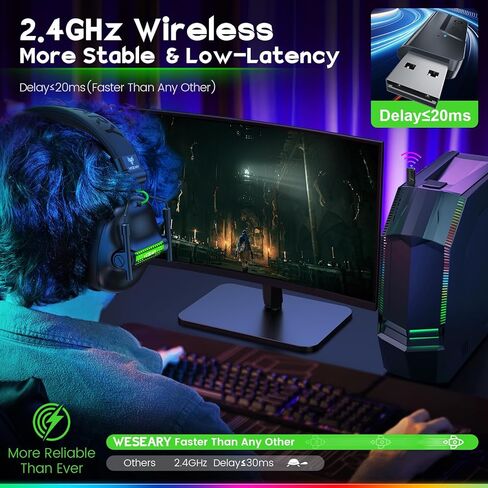 سماعة رأس لاسلكية للألعاب WG2 لأجهزة PS5، وPS4، والكمبيوتر الشخصي، وSwitch، وMac، وسماعات رأس بلوتوث ستيريو كريستالية، وسماعة رأس لاسلكية 2.4 جيجا هرتز مع صوت بلا فقدان، وبطارية 50 ساعة، وإضاءة LED رائعة in Kuwait
