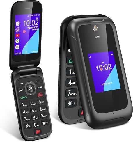 هاتف قابل للطي 4G مفتوح لكبار السن والأطفال، شاشة مزدوجة 3.2+2.0 بوصة، هاتف KaiOS الأساسي للسفر، بطارية كبيرة، يدعم AT&T، T-Mobile (أسود) in Kuwait
