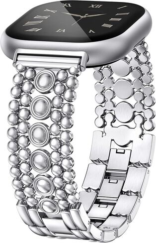 Minyee Metal Bands Compatible with Fitbit Sense 2/Versa 4/Versa 3/Sense Bands Women, Pretty Dressy Stainless Steel Metal Dual Tone Adjustable Round Studded Link Bracelet Replacement Strap for Versa 4 in Saudi Arabia