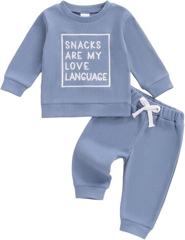 Snacks Are My Love Language Toddler Boy Outfit Long Sleeve Letter Top and Waffle Pants Set 2Pcs Fall Winter Clothes in Saudi Arabia