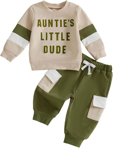 Aunties Little Dude Baby Outfit Toddler Boy Long Sleeve Letter Sweatshirt Top and Pants Set Infant Fall Winter Clothes in Saudi Arabia