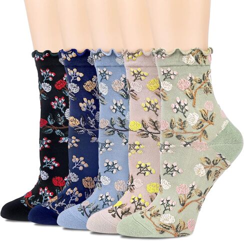 Womens Ruffle Socks Vintage Patterned Ankle Crew Casual Fashion Dress Socks Cute Lettuce Floral Sock 6 Pack in Saudi Arabia