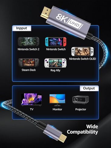 كابل Switch 2 Dock HDMI 8K@60 هرتز 4K@240 هرتز/120 هرتز/60 هرتز، HDMI 2.1 و48 جيجابت في الثانية، شحن 100 واط PD USB C، HDR 10+، USB3.2، محطة إرساء تلفزيون صغيرة محمولة والسفر، محول HDMI متوافق مع Nintendo Switch 2/OLED/1 in Kuwait