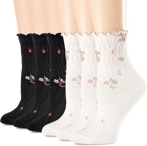Womens Ruffle Socks Vintage Patterned Ankle Crew Casual Fashion Dress Socks Cute Lettuce Floral Sock 6 Pack in Saudi Arabia